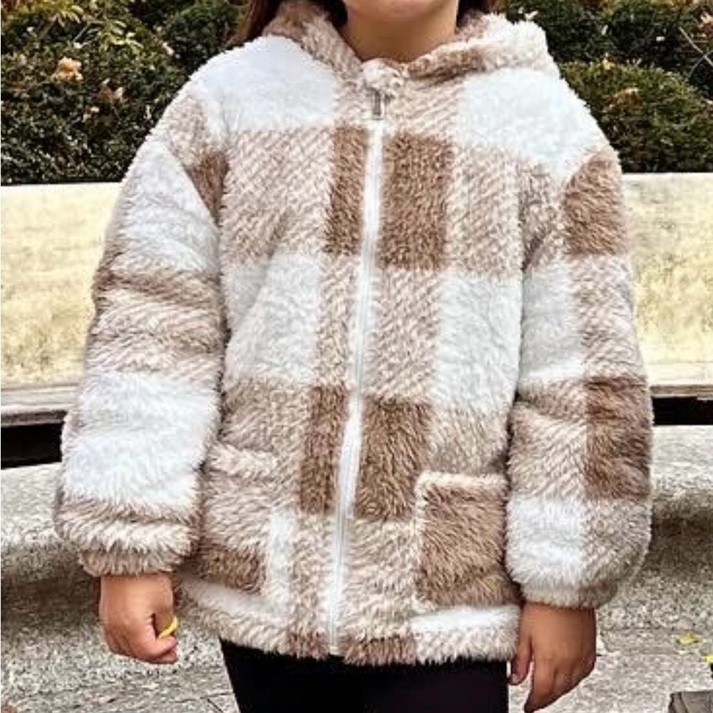 SHEIN Fuzzy Plaid Tan Jacket